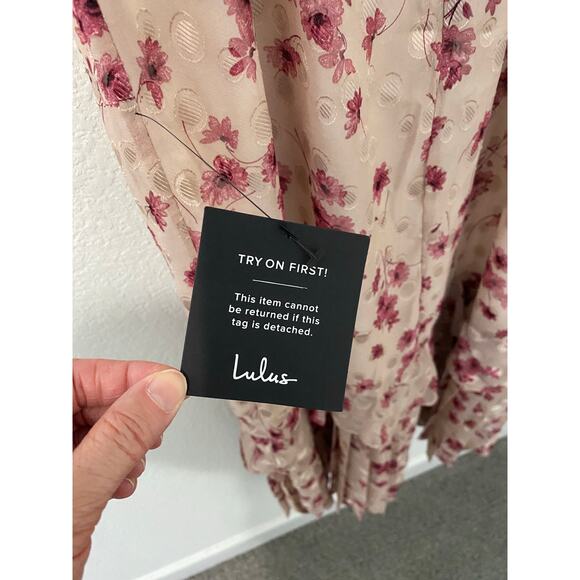 Lulus Blush Terrace Views Floral Tie Strap Size M Ruffle Sweetheart Midi Dress - Picture 11 of 11